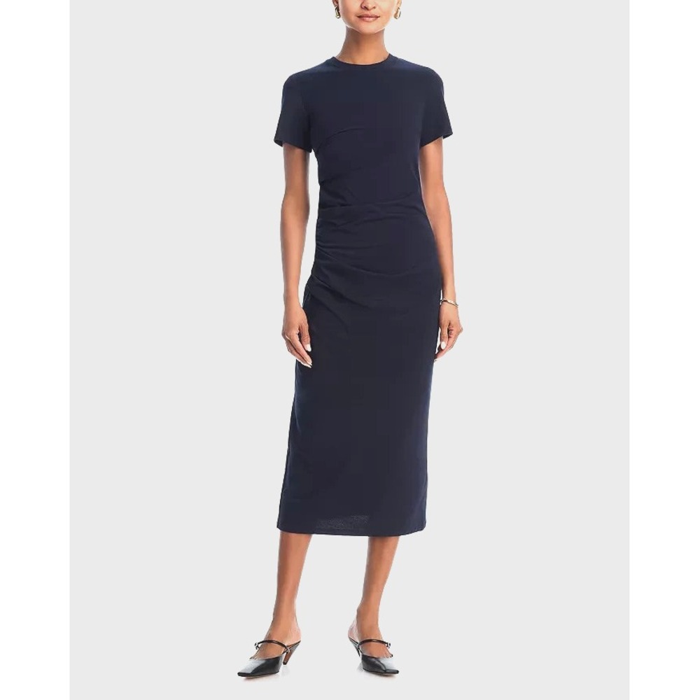 FRAME The Twist Organic Cotton Dress Small Midi Navy Ruched T-Shirt Minimalist